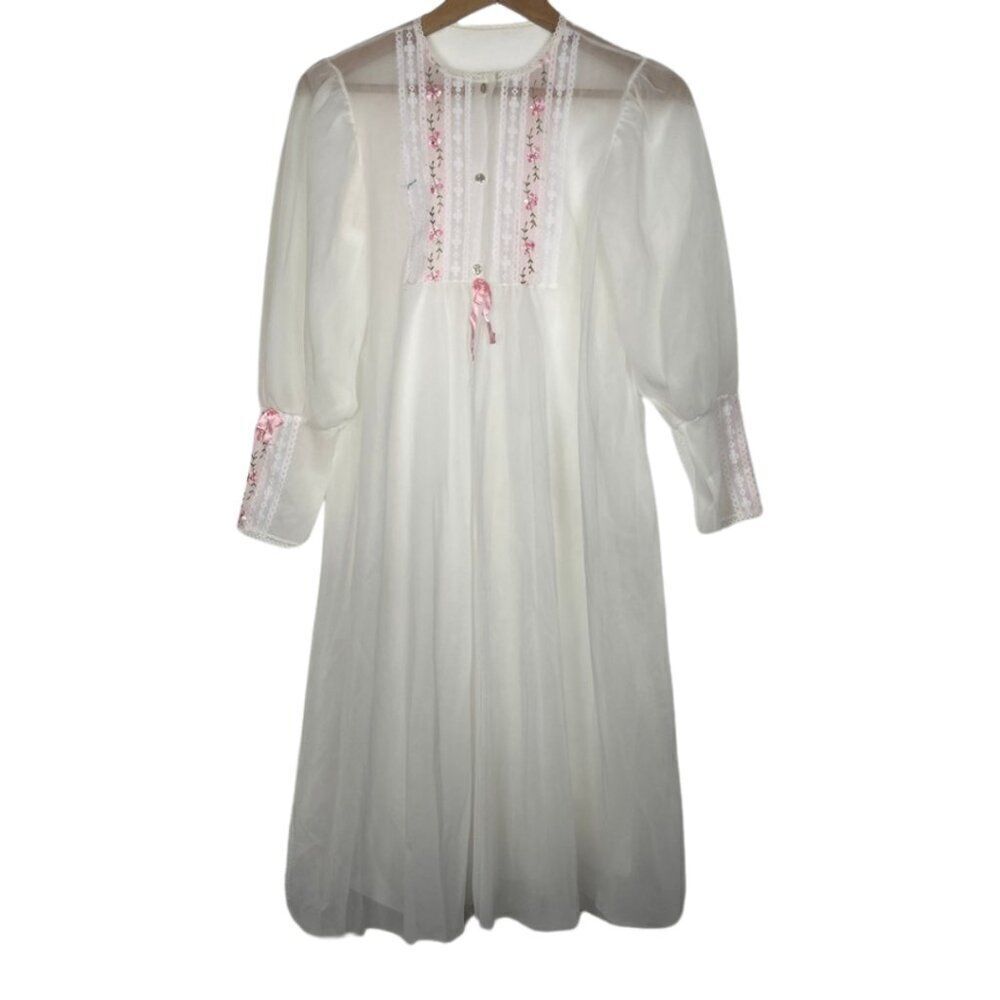 Vintage White Sheer Nightgown with Pink Floral Embroidered Embellishments Sz: S